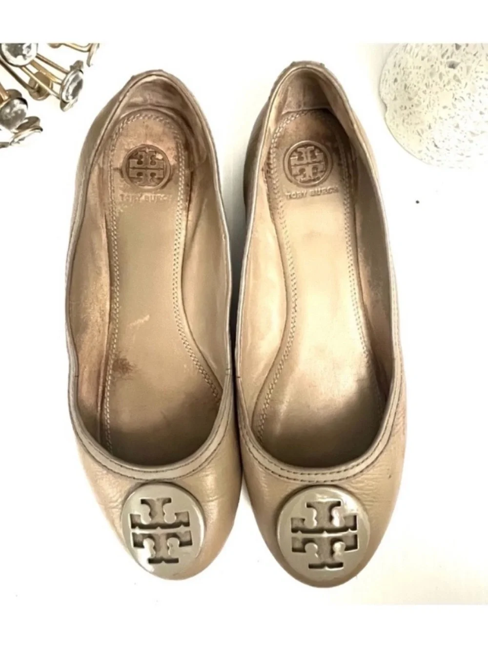 Tory Burch Taupe Leather Reva Slip On Ballet Flats Size 8